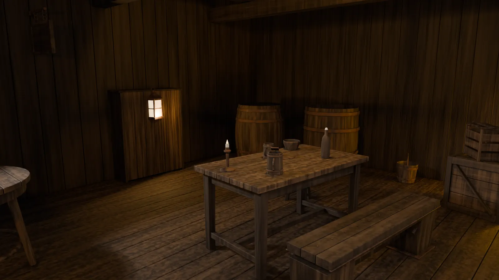 Dressed tavern scene with table, benches, barrels and candles